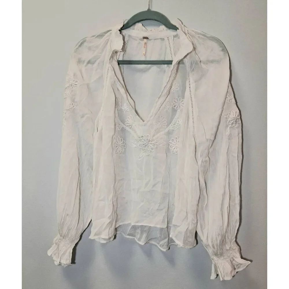 Free People womens medium cream white peasant top popover blouse sheer